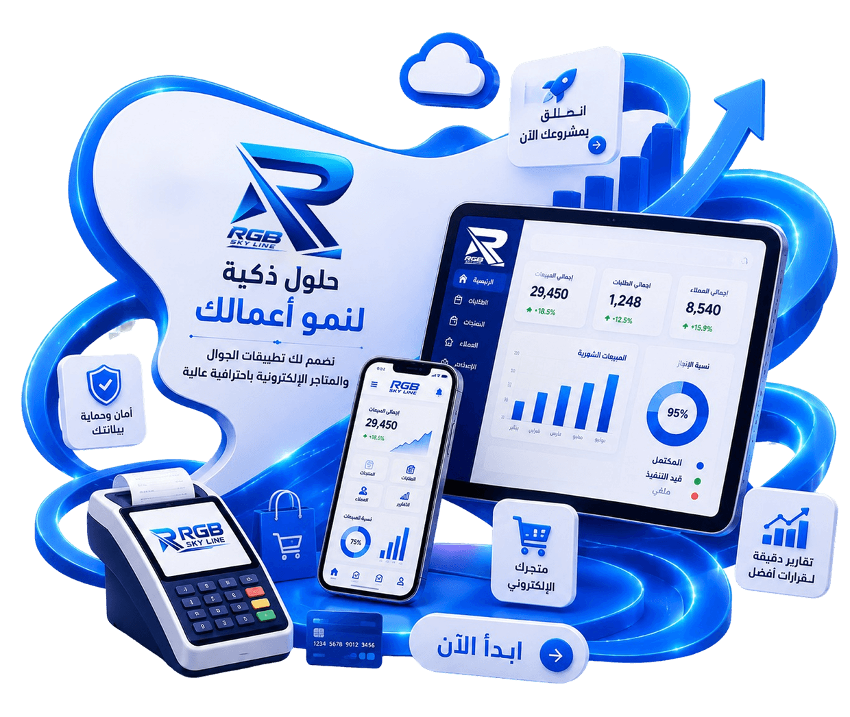 حلول RGB Skyline المتكاملة: نظام ERP ونقاط بيع وتطبيق جوال ومتجر إلكتروني